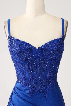 Glitter Royal Blue Sereia Espaghetti Straps Long Prom Dress com Apliques