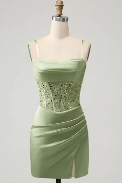 Glitter Sage Bodycon Sequin Corset Vestido Curto Homecoming com Fenda