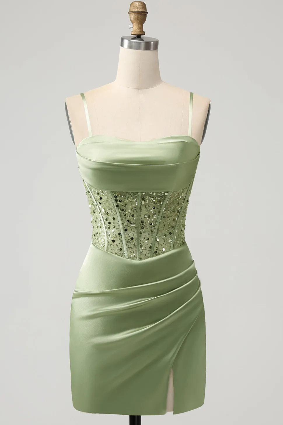 Glitter Sage Bodycon Sequin Corset Vestido Curto Homecoming com Fenda