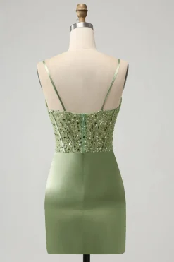 Glitter Sage Bodycon Sequin Corset Vestido Curto Homecoming com Fenda