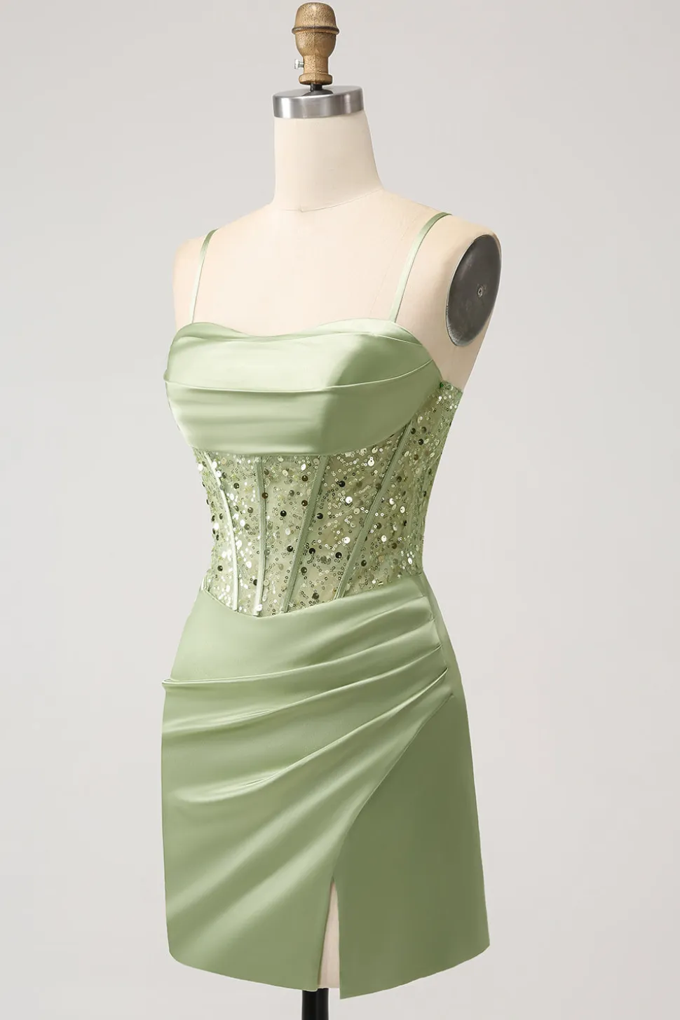 Glitter Sage Bodycon Sequin Corset Vestido Curto Homecoming com Fenda