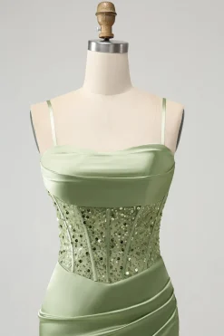 Glitter Sage Bodycon Sequin Corset Vestido Curto Homecoming com Fenda