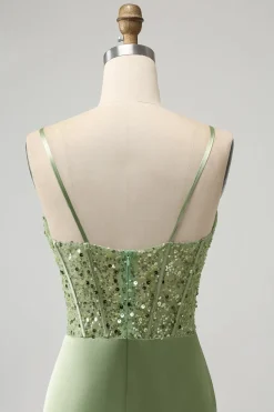 Glitter Sage Bodycon Sequin Corset Vestido Curto Homecoming com Fenda