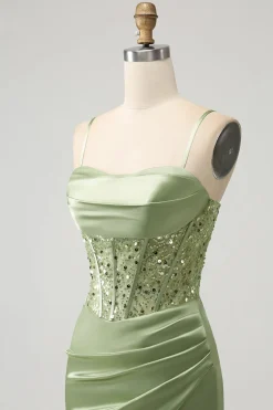 Glitter Sage Bodycon Sequin Corset Vestido Curto Homecoming com Fenda
