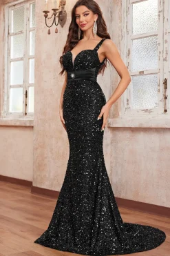 Glitter Sequins Preto Sereia Esparguete Correias Longo Vestido de Baile