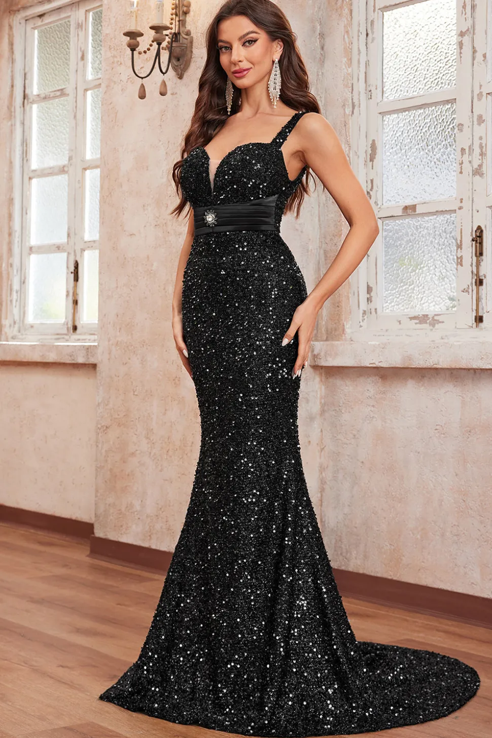 Glitter Sequins Preto Sereia Esparguete Correias Longo Vestido de Baile