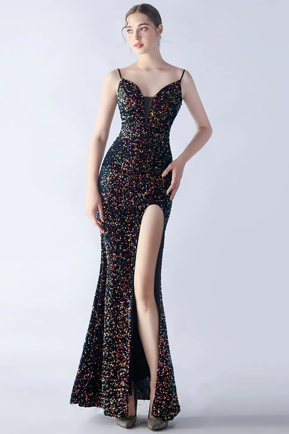 Glitter Sereia Esparguete Correias Frisado Sinfonia Preto Vestido Formal Com Fenda Lateral