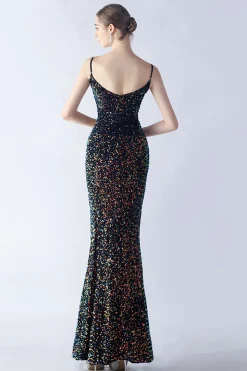 Glitter Sereia Esparguete Correias Frisado Sinfonia Preto Vestido Formal Com Fenda Lateral