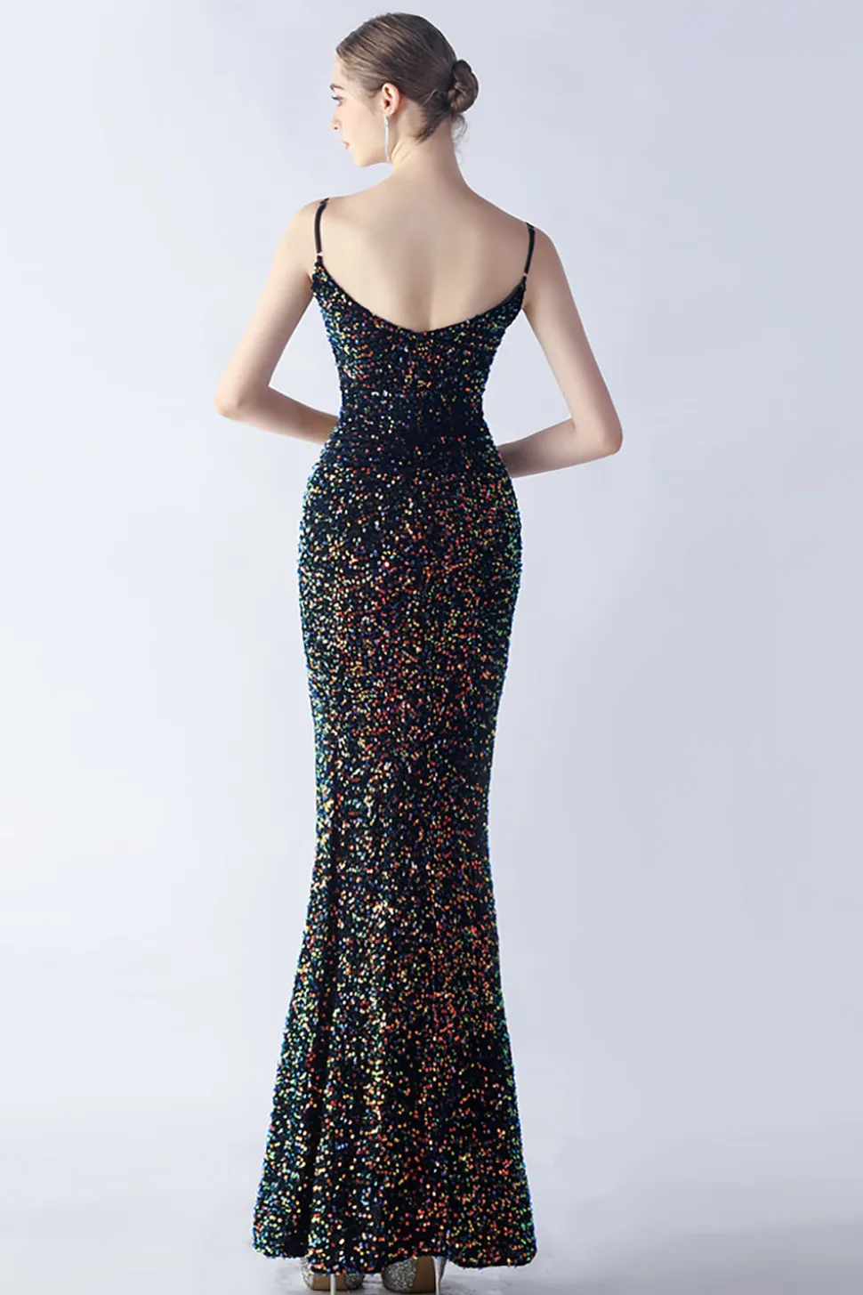 Glitter Sereia Esparguete Correias Frisado Sinfonia Preto Vestido Formal Com Fenda Lateral
