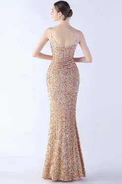 Glitter Sereia Esparguete Correias Frisado Sinfonia Preto Vestido Formal Com Fenda Lateral