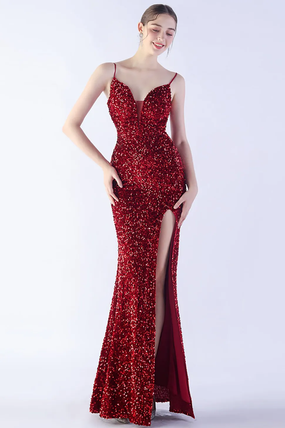 Glitter Sereia Esparguete Correias Frisado Sinfonia Preto Vestido Formal Com Fenda Lateral