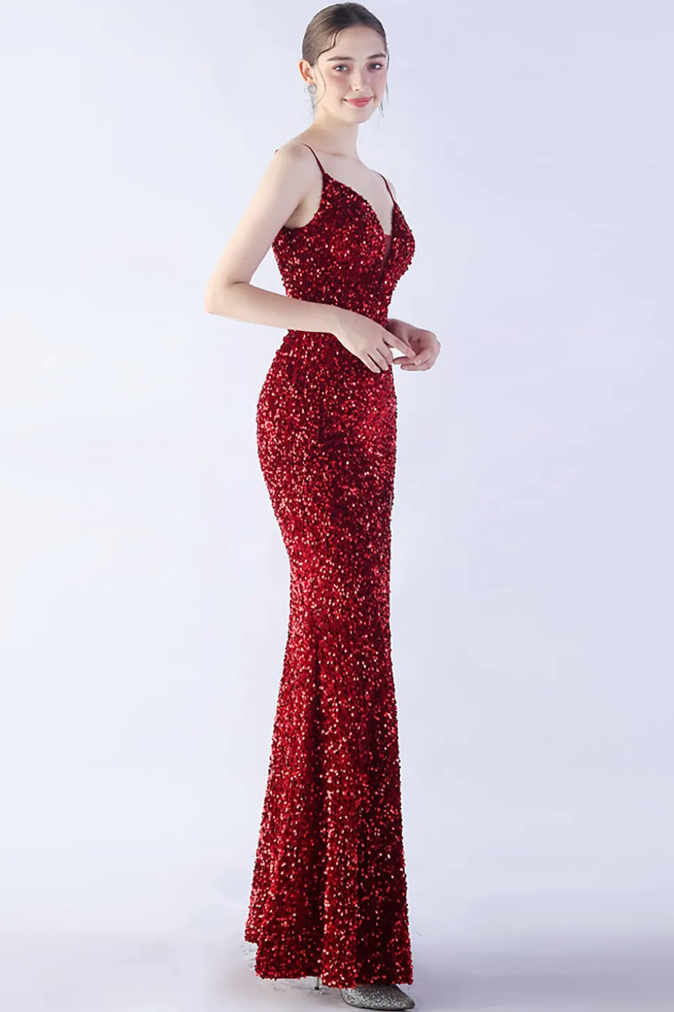 Glitter Sereia Esparguete Correias Frisado Sinfonia Preto Vestido Formal Com Fenda Lateral