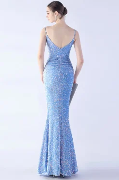 Glitter Sereia Esparguete Correias Frisado Sinfonia Preto Vestido Formal Com Fenda Lateral