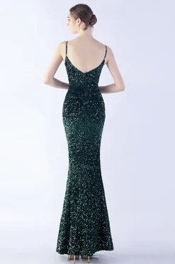 Glitter Sereia Esparguete Correias Frisado Sinfonia Preto Vestido Formal Com Fenda Lateral