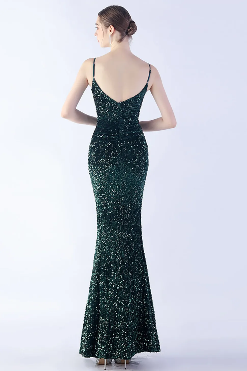 Glitter Sereia Esparguete Correias Frisado Sinfonia Preto Vestido Formal Com Fenda Lateral