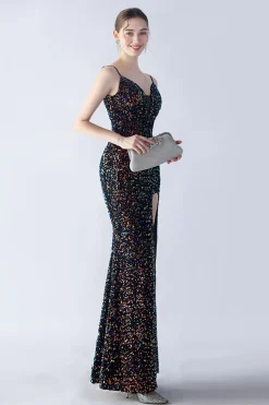 Glitter Sereia Esparguete Correias Frisado Sinfonia Preto Vestido Formal Com Fenda Lateral