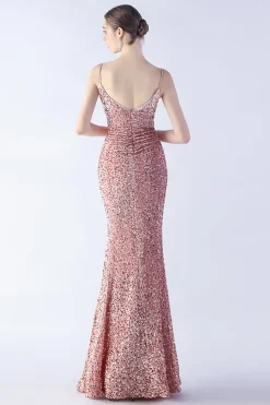 Glitter Sereia Esparguete Correias Frisado Sinfonia Preto Vestido Formal Com Fenda Lateral