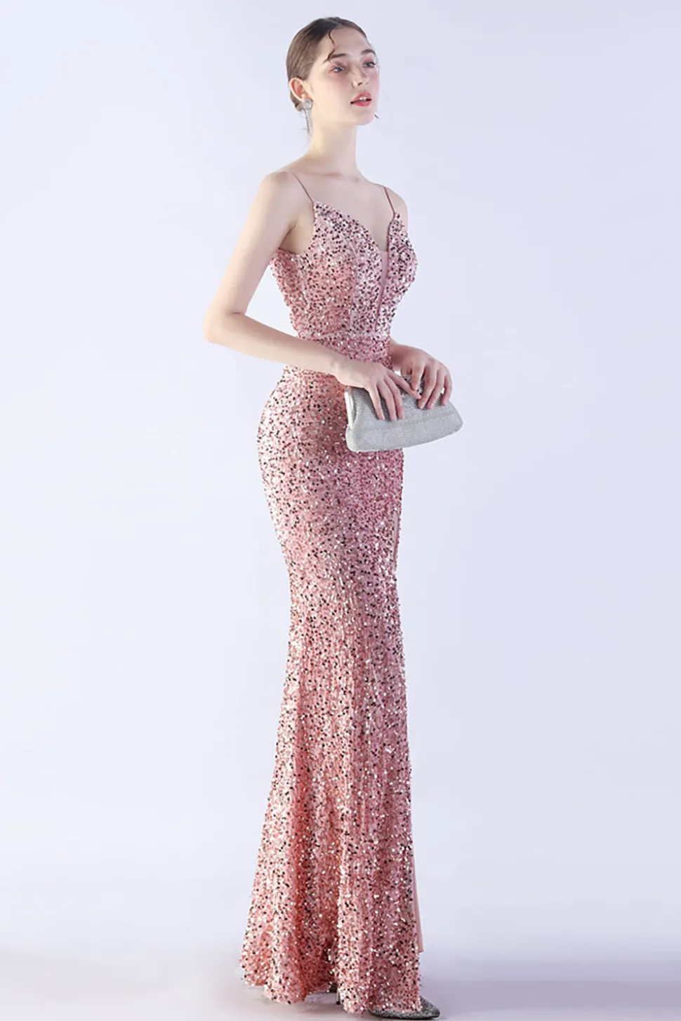 Glitter Sereia Esparguete Correias Frisado Sinfonia Preto Vestido Formal Com Fenda Lateral