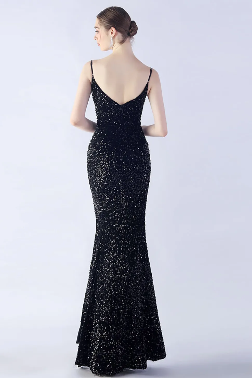 Glitter Sereia Esparguete Correias Frisado Sinfonia Preto Vestido Formal Com Fenda Lateral