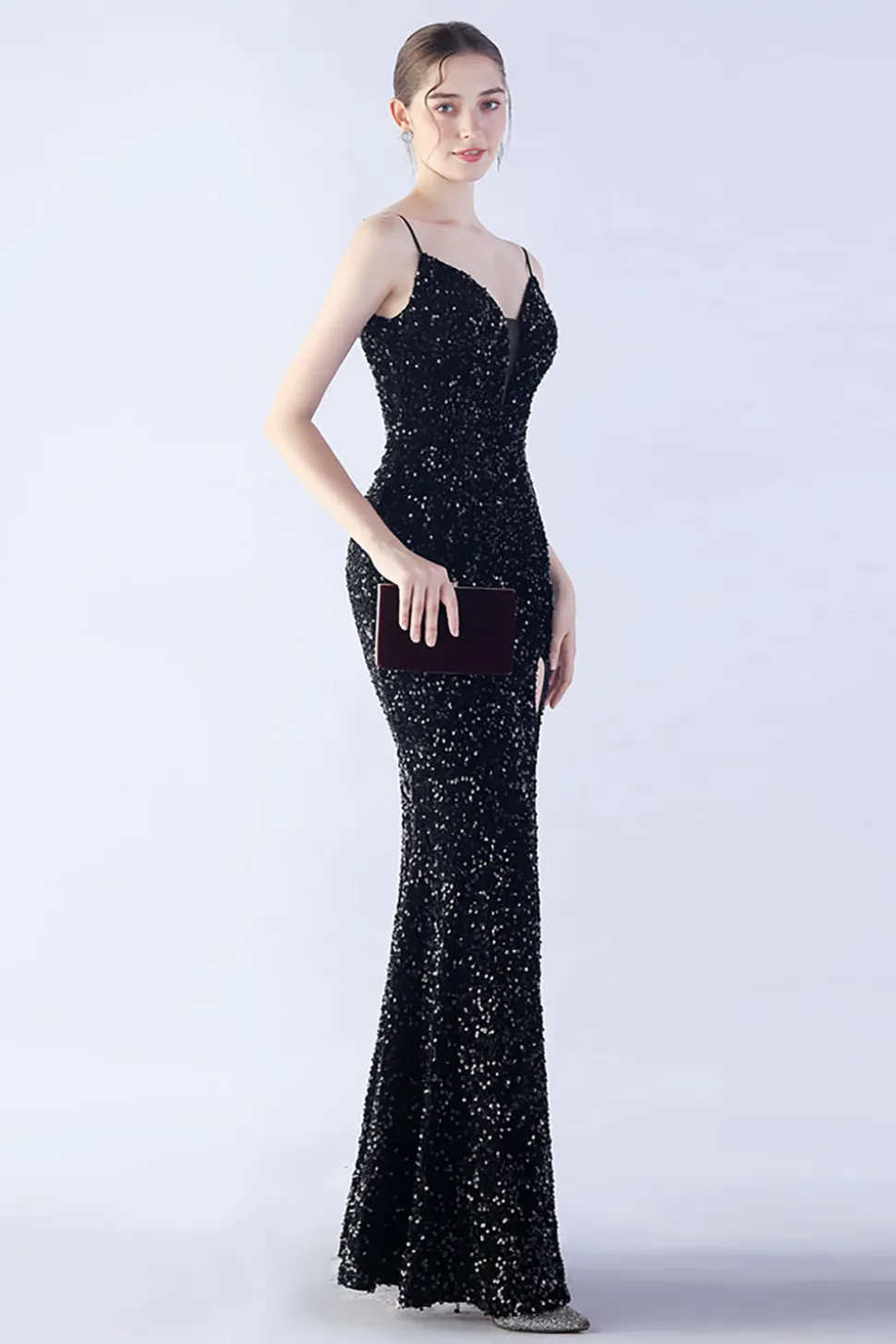 Glitter Sereia Esparguete Correias Frisado Sinfonia Preto Vestido Formal Com Fenda Lateral