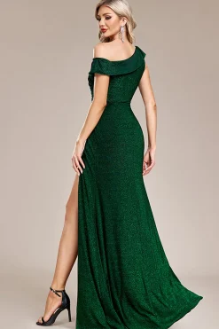 Glitter Sereia Verde Escuro Um Ombro Longo Vestido de Baile com Fenda