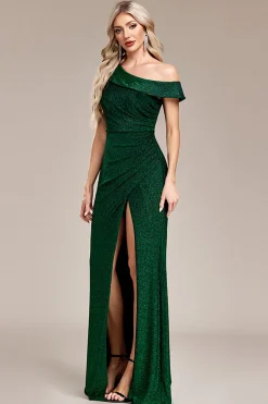 Glitter Sereia Verde Escuro Um Ombro Longo Vestido de Baile com Fenda