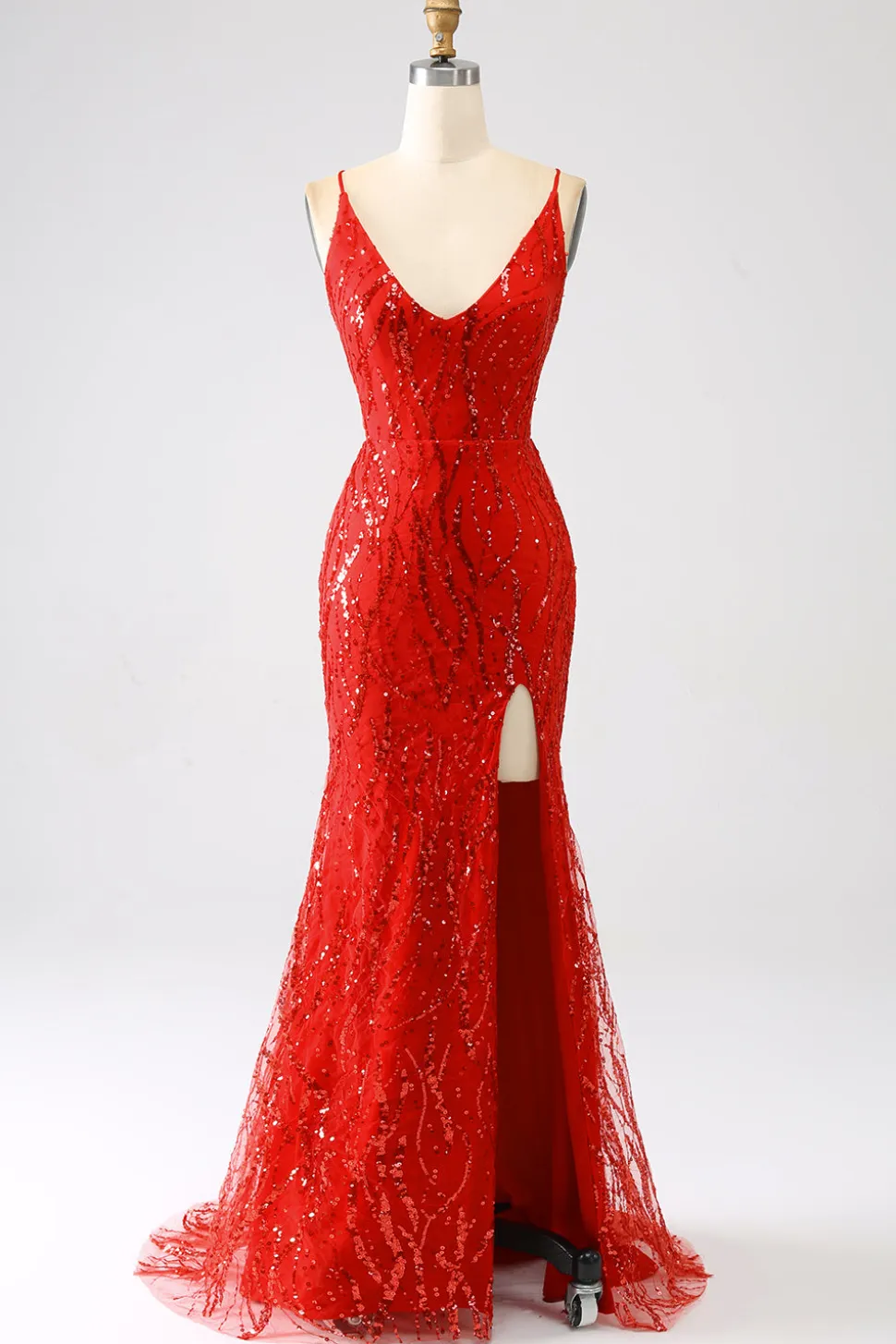 Glitter Sereia Vermelha Sereia Long Sequins Prom Dress com Fenda
