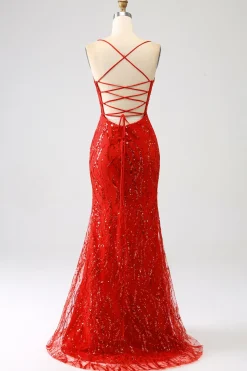 Glitter Sereia Vermelha Sereia Long Sequins Prom Dress com Fenda