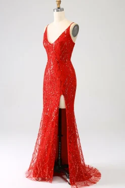 Glitter Sereia Vermelha Sereia Long Sequins Prom Dress com Fenda