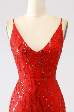 Glitter Sereia Vermelha Sereia Long Sequins Prom Dress com Fenda