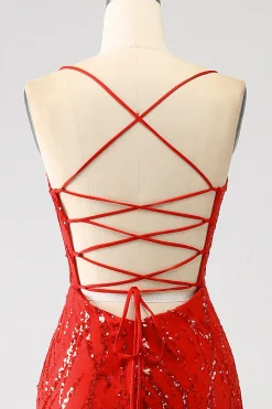 Glitter Sereia Vermelha Sereia Long Sequins Prom Dress com Fenda