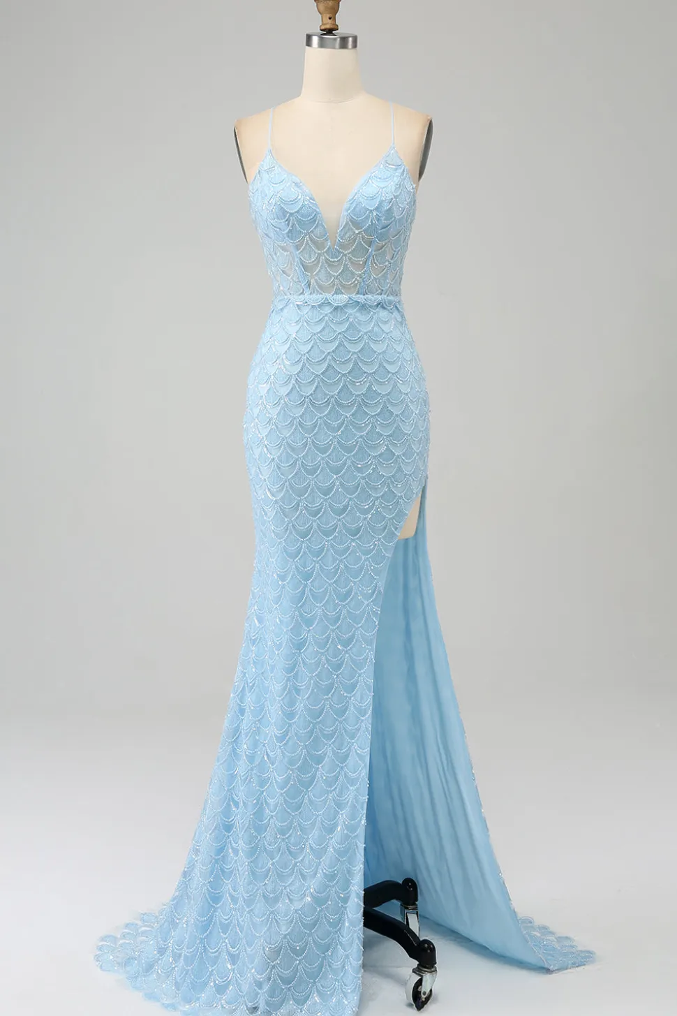 Glitter Sky Blue Espaghetti Correias Sereia Vestido de Baile com Fenda
