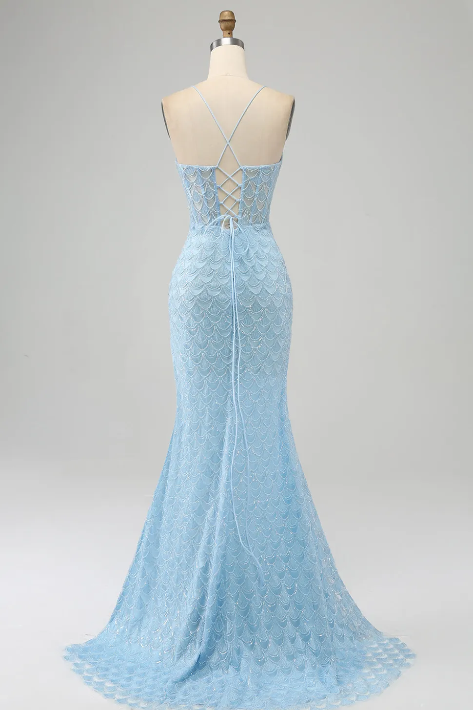 Glitter Sky Blue Espaghetti Correias Sereia Vestido de Baile com Fenda