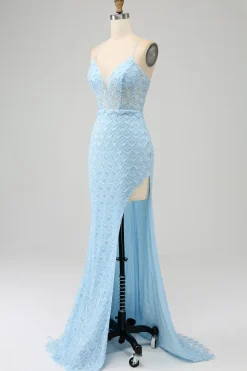 Glitter Sky Blue Espaghetti Correias Sereia Vestido de Baile com Fenda