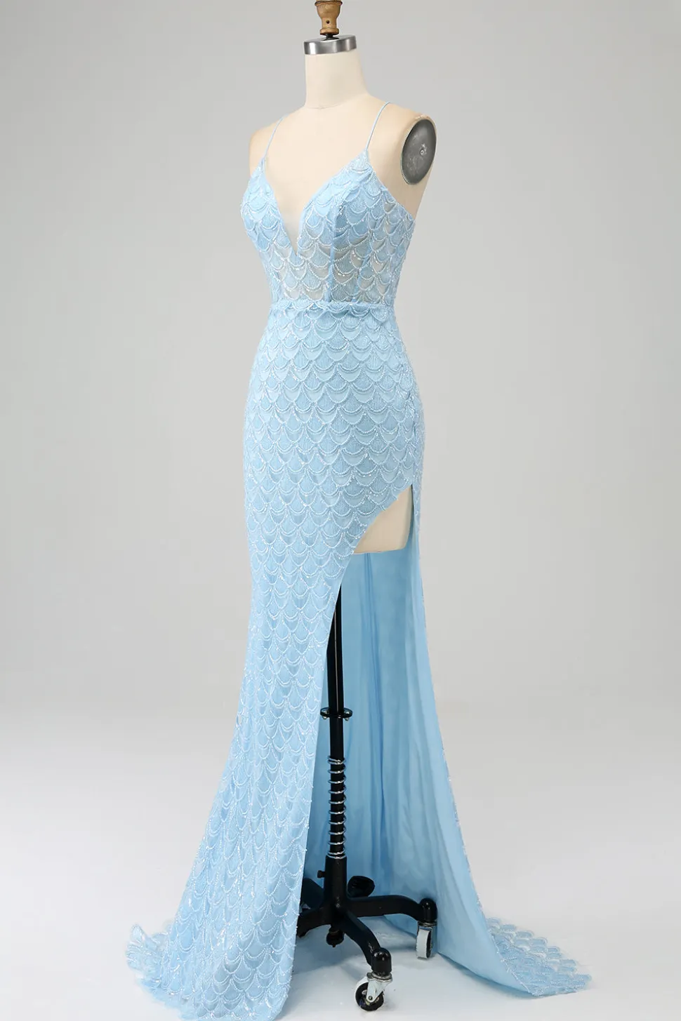 Glitter Sky Blue Espaghetti Correias Sereia Vestido de Baile com Fenda