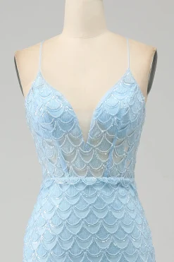 Glitter Sky Blue Espaghetti Correias Sereia Vestido de Baile com Fenda
