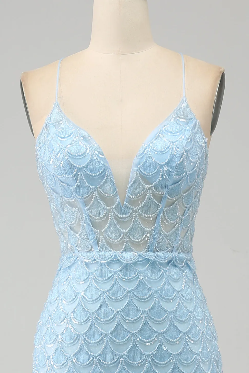 Glitter Sky Blue Espaghetti Correias Sereia Vestido de Baile com Fenda