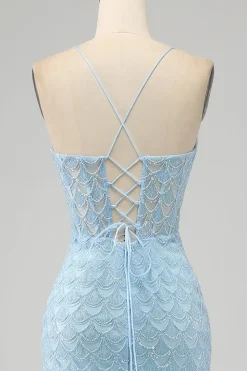 Glitter Sky Blue Espaghetti Correias Sereia Vestido de Baile com Fenda