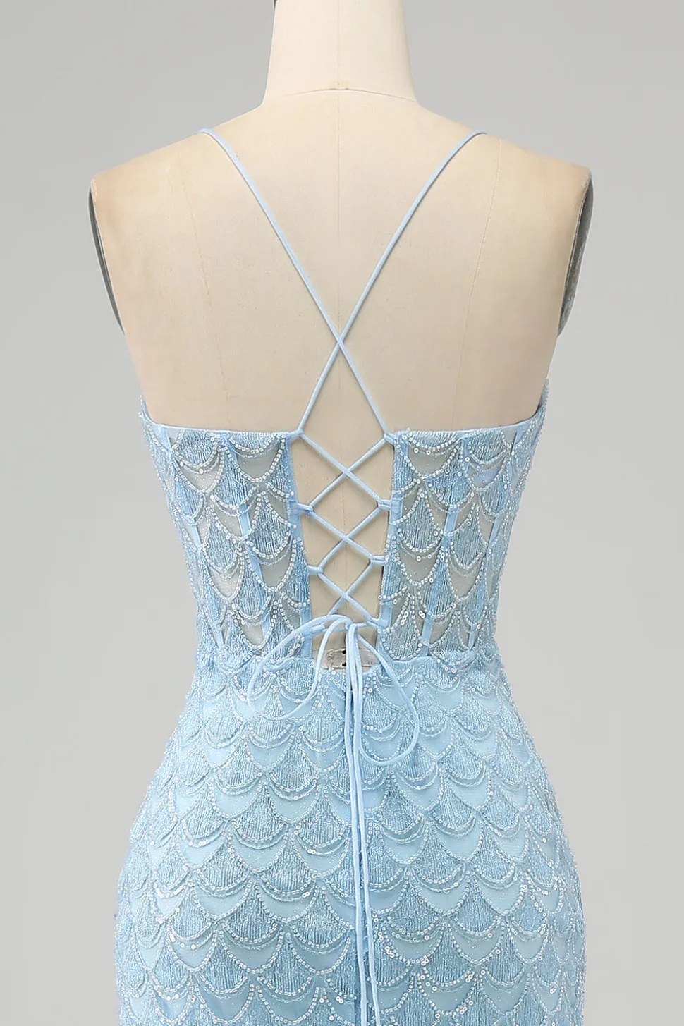 Glitter Sky Blue Espaghetti Correias Sereia Vestido de Baile com Fenda