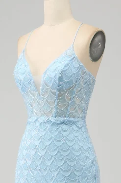 Glitter Sky Blue Espaghetti Correias Sereia Vestido de Baile com Fenda
