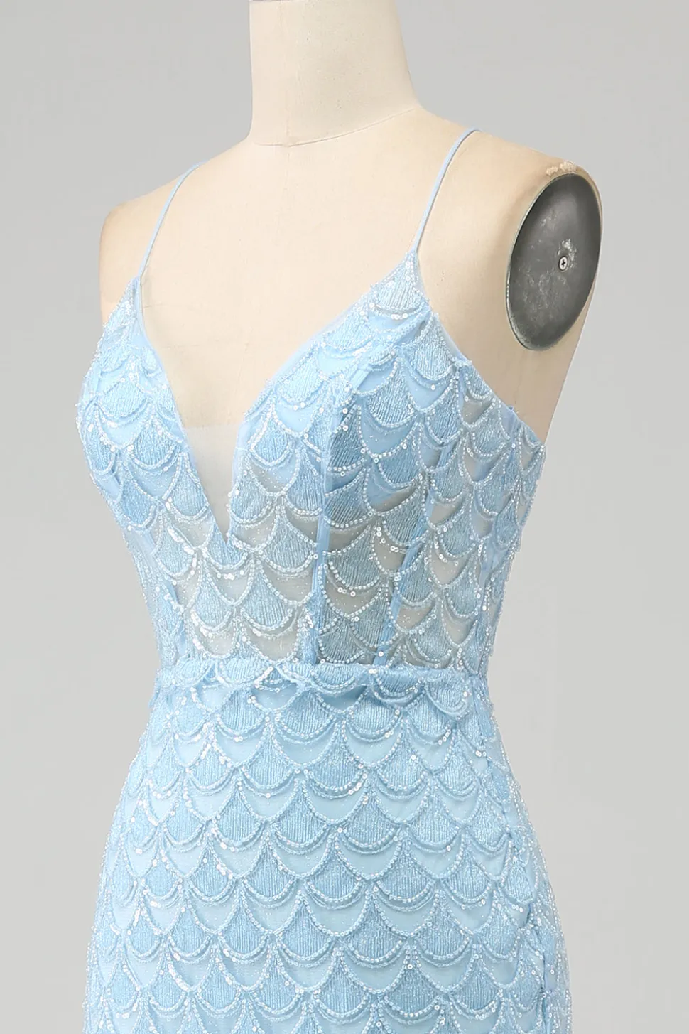 Glitter Sky Blue Espaghetti Correias Sereia Vestido de Baile com Fenda