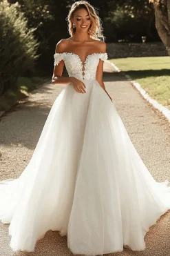 Glitter Uma linha fora do ombro tule marfim vestido de noiva com apliques