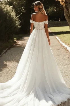 Glitter Uma linha fora do ombro tule marfim vestido de noiva com apliques