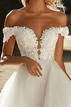 Glitter Uma linha fora do ombro tule marfim vestido de noiva com apliques