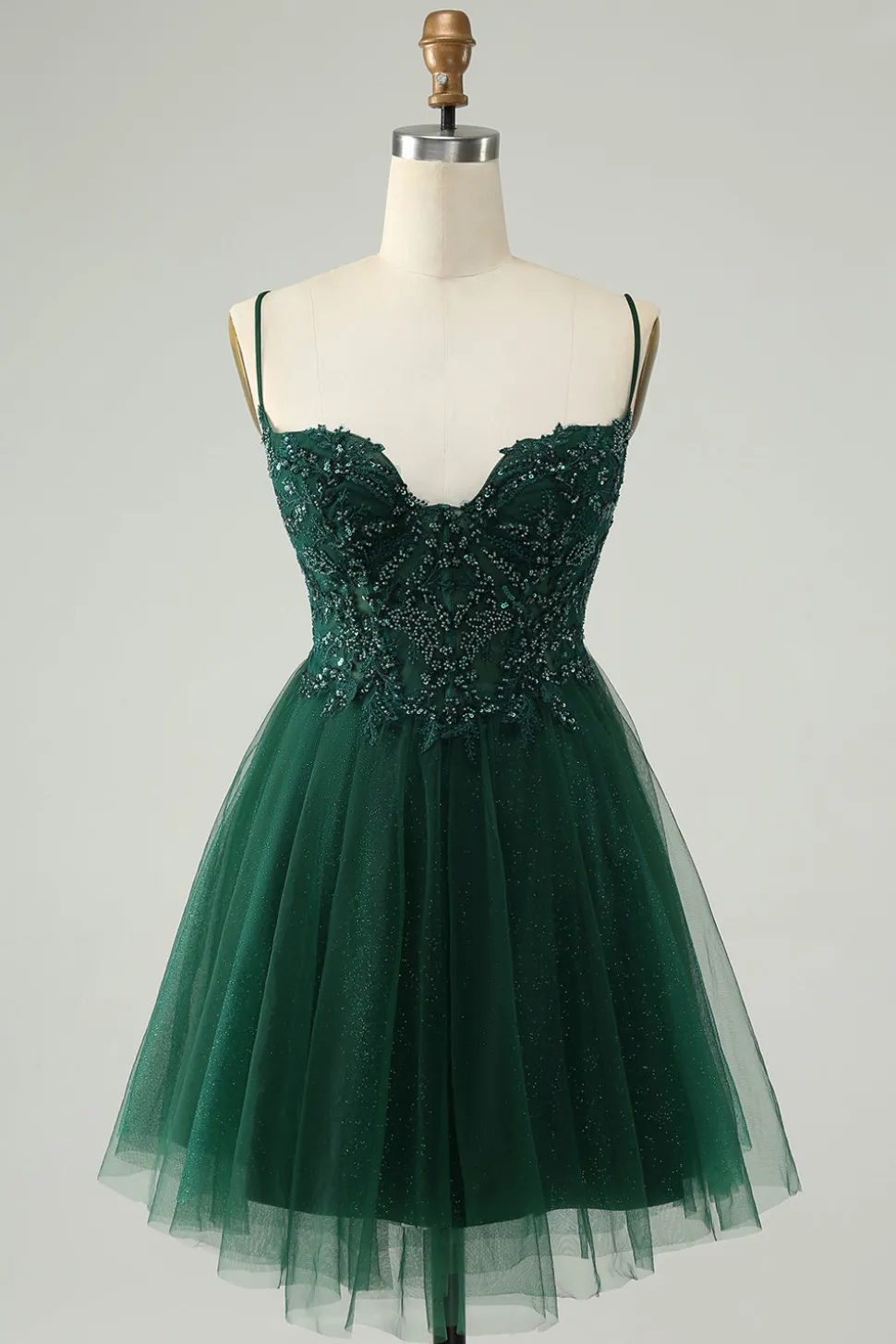 Glitter Verde Escuro A-Line Beaded Appliques Tule Homecoming Dress