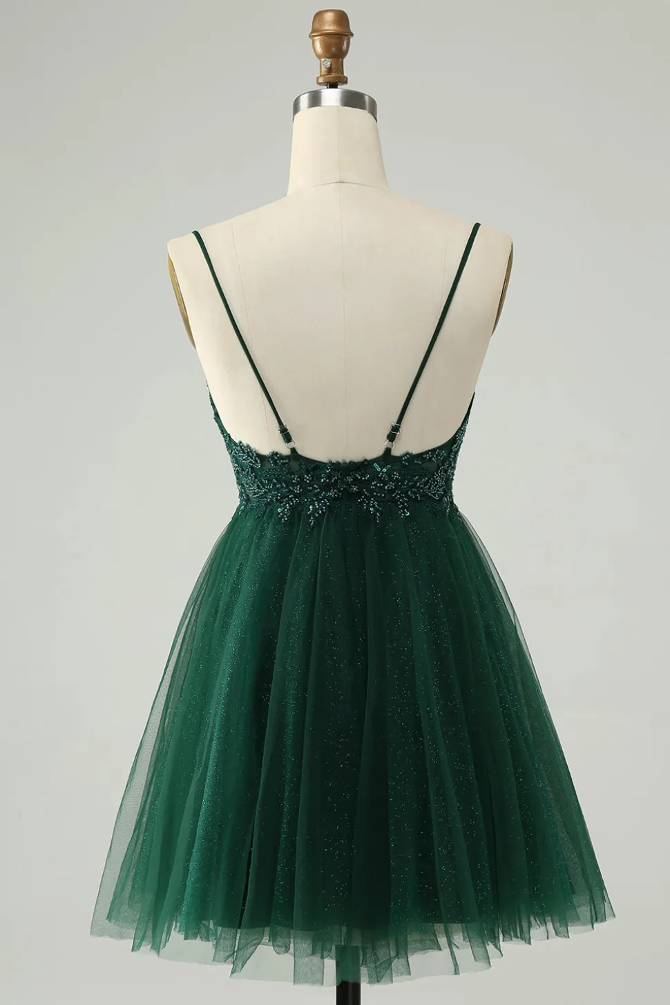 Glitter Verde Escuro A-Line Beaded Appliques Tule Homecoming Dress