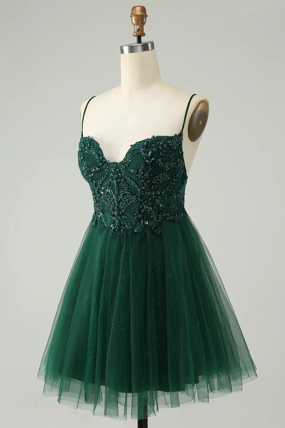 Glitter Verde Escuro A-Line Beaded Appliques Tule Homecoming Dress