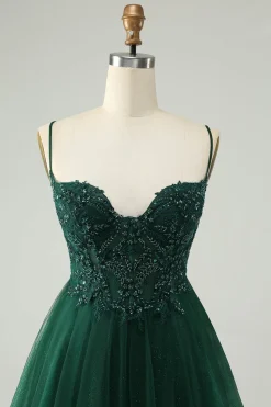 Glitter Verde Escuro A-Line Beaded Appliques Tule Homecoming Dress