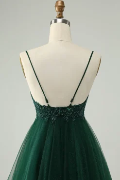 Glitter Verde Escuro A-Line Beaded Appliques Tule Homecoming Dress