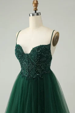 Glitter Verde Escuro A-Line Beaded Appliques Tule Homecoming Dress
